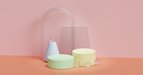 3d rendering of pastel color podium or pedestal with transparent ornaments for product display