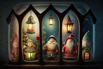 christmas lanterns on window with christmas figures and fairytale characters, created with generative ai