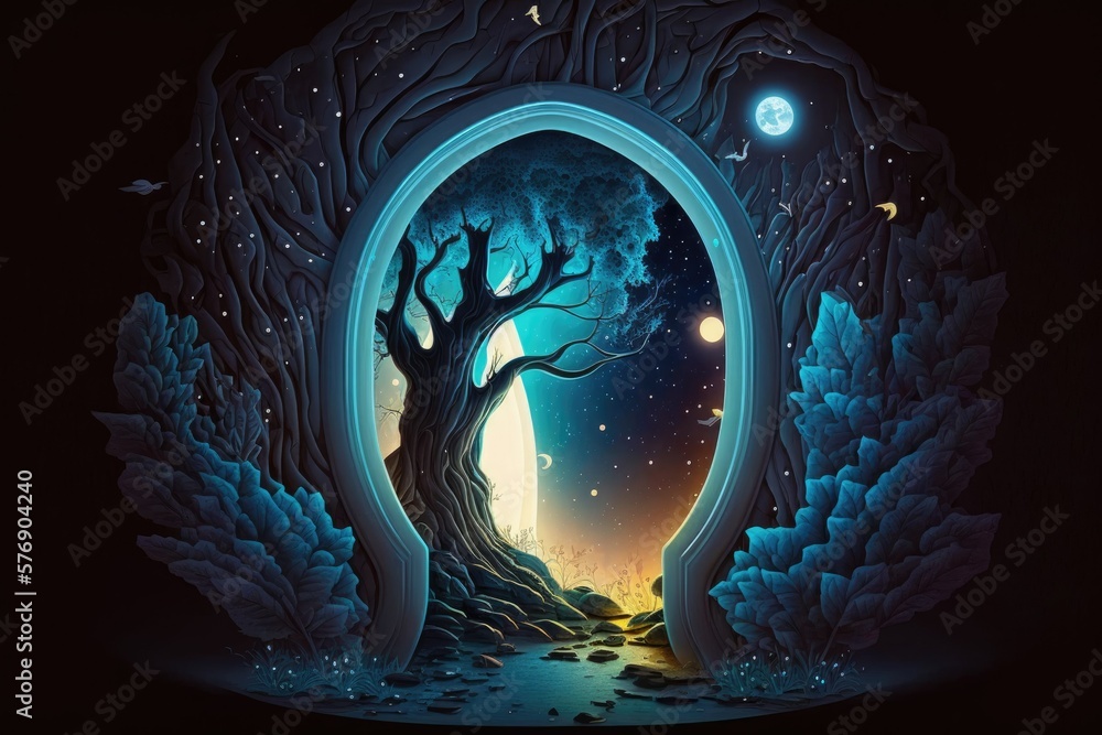 Poster conjuring a magical doorway in fantasy. to another planet through a portal in the elf woods. creatio