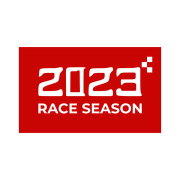 2023 Race Season Icon Logo Concept In White Text And Red Rectangle Background. Template For World Championship Motor Sport Bike Racing Design Element. Editable Graphic Resources For Many Purposes.