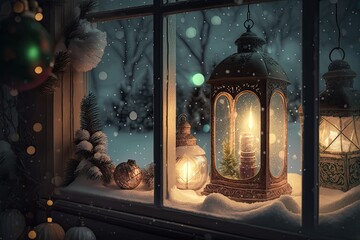 christmas lanterns on window with christmas tree and other decorations illuminated by snow, created with generative ai