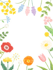 菜の花やチューリップやタンポポなどの春の花のフレーム　縦書きバージョン