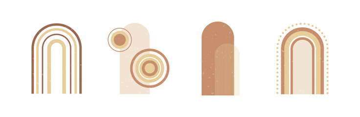 Set of boho style geometric, minimalistic design elements. Abstract shapes with texture. Modern aesthetic figures. Neutral wall decor, cover, print, card, branding designs.