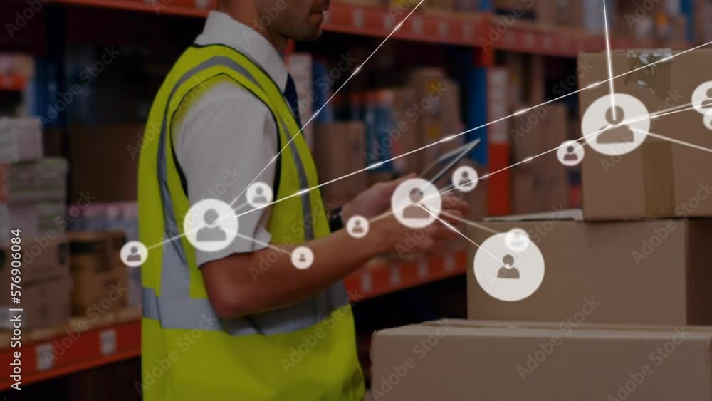 Poster animation of profile icons connected with lines over caucasian man using tablet and carrying boxes