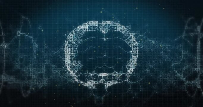 Animation of white spots and digital wave over spinning human brain icon on blue background