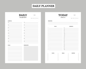 Daily set Planner. Minimalist planner template set. Vector illustration.