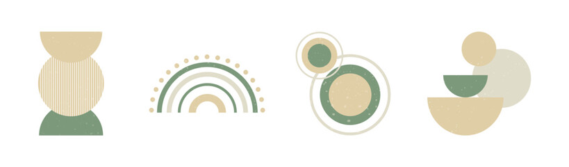 Set of boho style geometric, minimalistic design elements. Abstract shapes with texture. Modern aesthetic. Green organic wall decor, cover, print, card, branding designs.