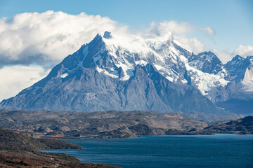 Lake Toro and snowy mountains of Torres del Paine National Park in Chile, Patagonia, South America