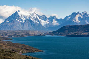 Fototapeta na wymiar Lake Toro and snowy mountains of Torres del Paine National Park in Chile, Patagonia, South America