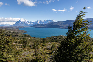 Lake Toro and snowy mountains of Torres del Paine National Park in Chile, Patagonia, South America