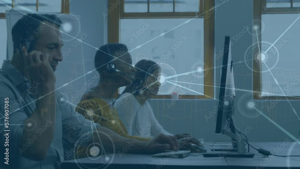 Poster animation of connected dits over diverse call center agents talking over headsets and using computer