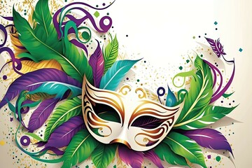 Celebrate mardi gras with this colorful carnival face mask background art with feathers