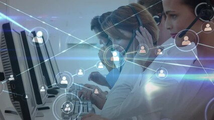 Animation of connected profile icons over diverse call center agents talking over headsets in office - Powered by Adobe