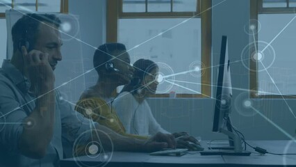 Animation of connected dits over diverse call center agents talking over headsets and using computer