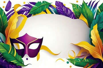 Celebrate mardi gras with this colorful carnival face mask background art with feathers - obrazy, fototapety, plakaty