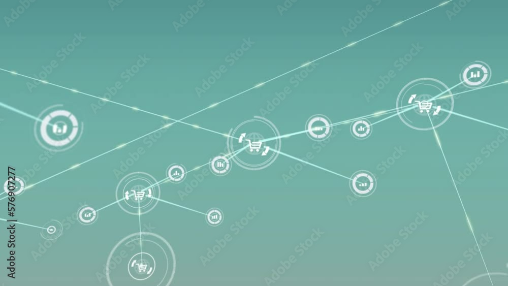 Poster Animation of graph and shopping cart icons connected with lines against blue background