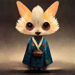 cute fennec fox in blue kimono