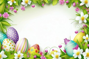 Naklejka na ściany i meble Celebrate easter with this cute easter holiday background with colorful eggs and flowers and grass in landscape with a cartoon style design