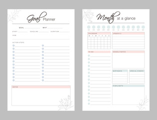 (floral) Goals and Month at a glance Planner Worksheet Layout. Floral planner template set. Vector illustration.