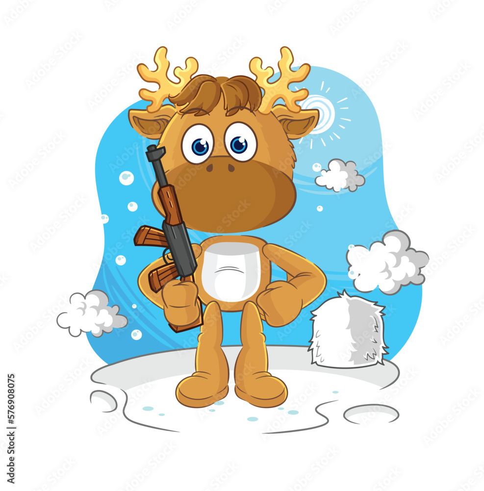 Poster moose soldier in winter. character mascot vector