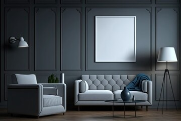 Grey sofa and chair in chic lounge with parquet floor, lamp, and accessories. Whiteboard on a blue background, blank. Generative AI