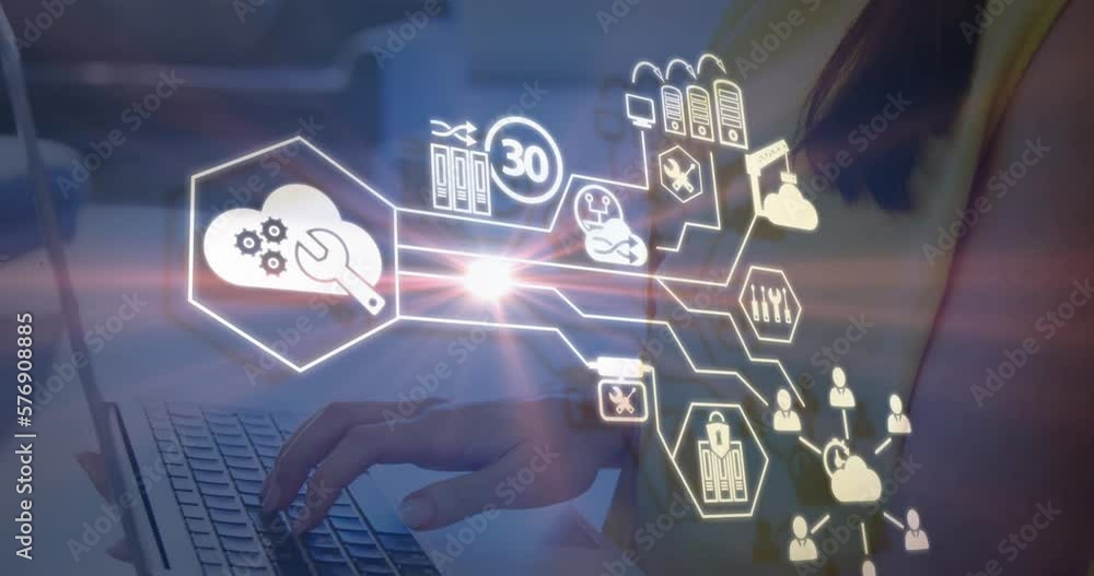 Aufkleber animation of multiple application icons forming flow chart over caucasian woman using laptop