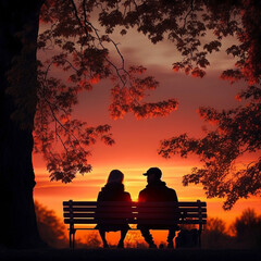 Silhouette of couple sitting on bench at sunset
