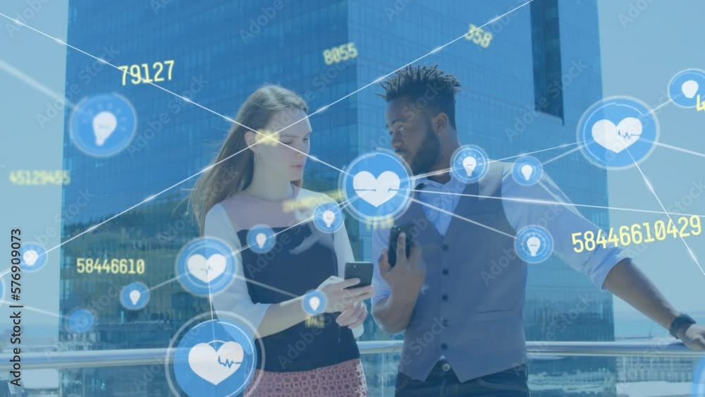 Aufkleber animation of connections and data processing over diverse business people using smartphone