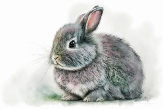 Fluffy grey bunny with pink ears, painted in watercolor against a white backdrop. Generative AI