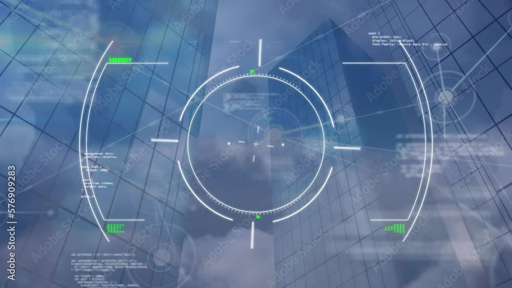Poster animation of circles, connected dots ,foggy clouds, computer language on low angle view of buildings