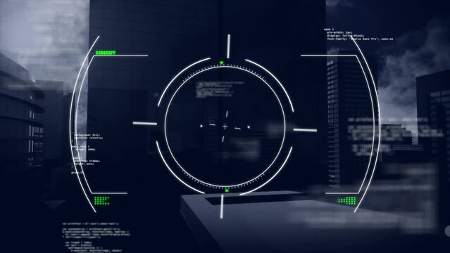 Animation of circles over computer programming language on buildings against cloudy sky