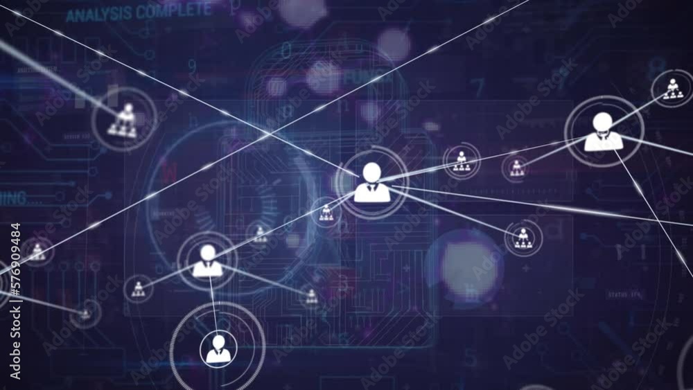 Poster animation of profile icons connecting with lines over digital screens and lock