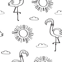 Seamless pattern with cute flamingos surrounded by tropical plants. Vector illustration in doodle style for your design
