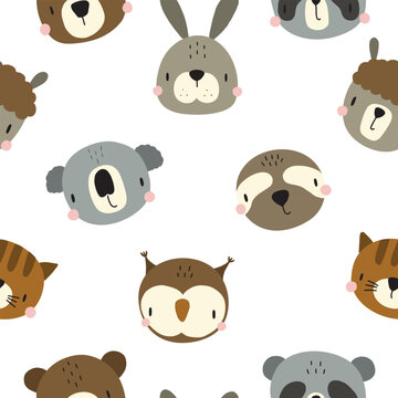 Seamless pattern with cute animal heads in boho style. Vector illustration for your design