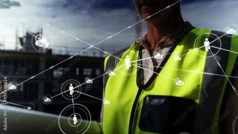 Poster animation of connections with icons data processing over caucasian female architect using tablet