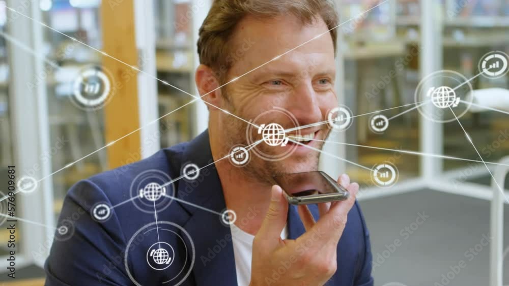 Poster animation of globe and graph icons connecting with lines over caucasian man talking over cellphone