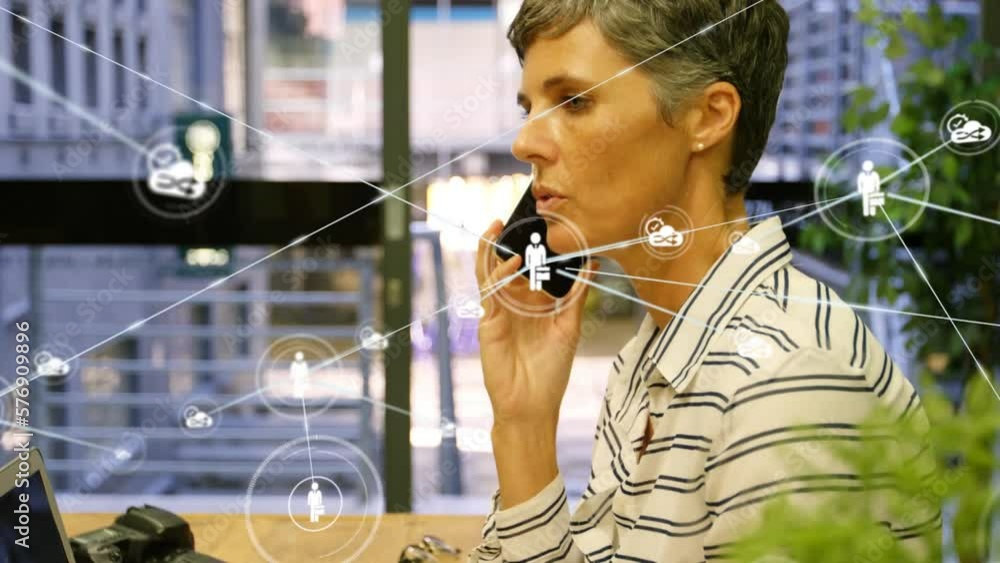 Aufkleber animation of connections with icons data processing over caucasian woman using smartphone