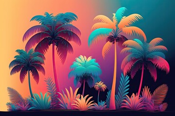 Colorful palm trees and tropical foliage with a striking holographic gradient. An example of conceptual artwork. Minimalist surrealist foundation. Generative AI