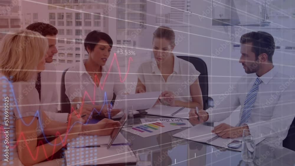 Poster animation of data processing over diverse businesspeople discussing over a document at office
