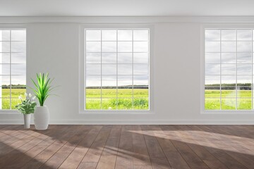 modern empty room with plants in white pots and beautiful background in windowsn interior design. 3D illustration