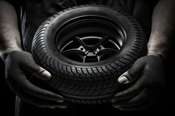 Tyre servicing or automotive vehicle car repair service concept with a person holding black rubber wheel tyre. Generative AI