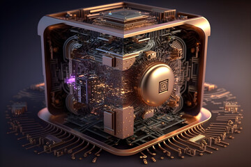 Quantum Computing Microprocessor or Microchip for Quantum cryptography - Concept Illustration. Generative AI