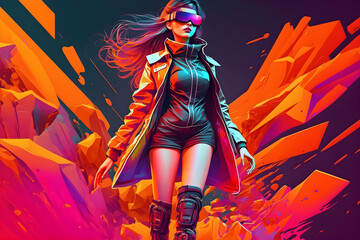 Metaverse digital cyber technology, woman with virtual reality VR goggles playing AR augmented reality game concept illustration. Generative AI