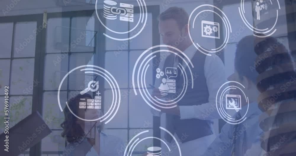 Poster animation of icons and data processing over diverse business people