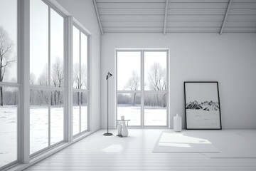 Fototapeta na wymiar Picture a white, minimalist Scandinavian room with a hardwood floor, vast white walls, and a white landscape beyond the window. Style of the home that is typically found in northern countries