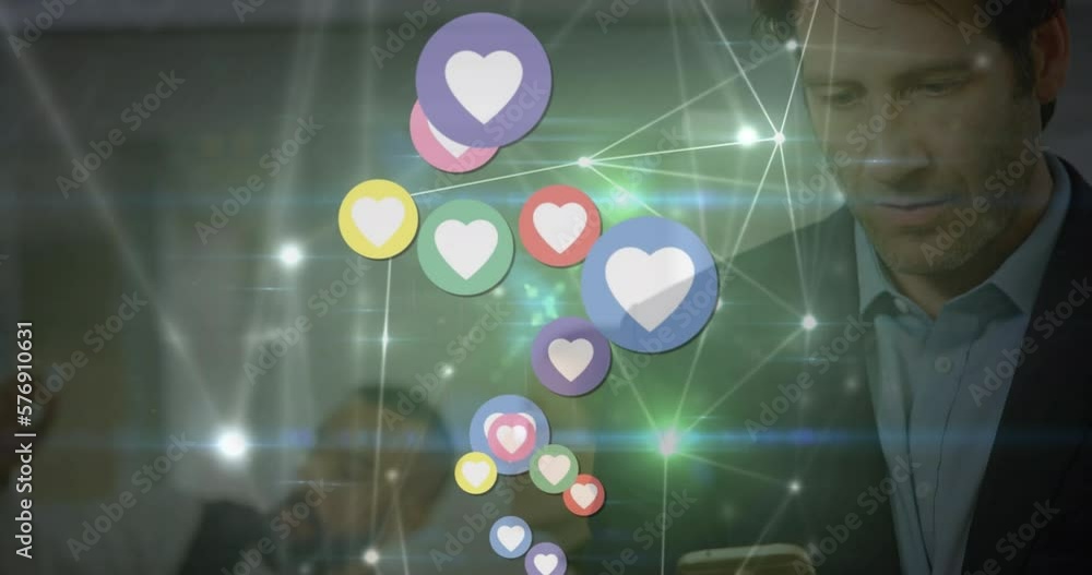 Poster animation of heart icons with connections data processing over caucasian man with smartphone