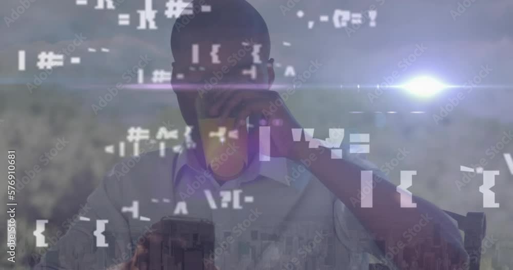 Poster animation of data processing over african american man using smartphone