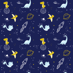 Cute dinosaurs, rockets, world and stars seamless kids pattern. Repeated vector illustration. Creative kids texture for fabric, wrapping, textile, wallpaper, apparel etc. 