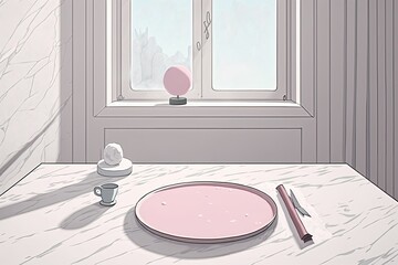 A pink towel and an empty plate sit atop a light grey marble table. Room to write. Generative AI