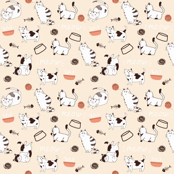 Kids seamless pattern with kitties. Cute childish repeated texture with funny cats. Creative kids texture for fabric, wrapping, textile, wallpaper, apparel etc.